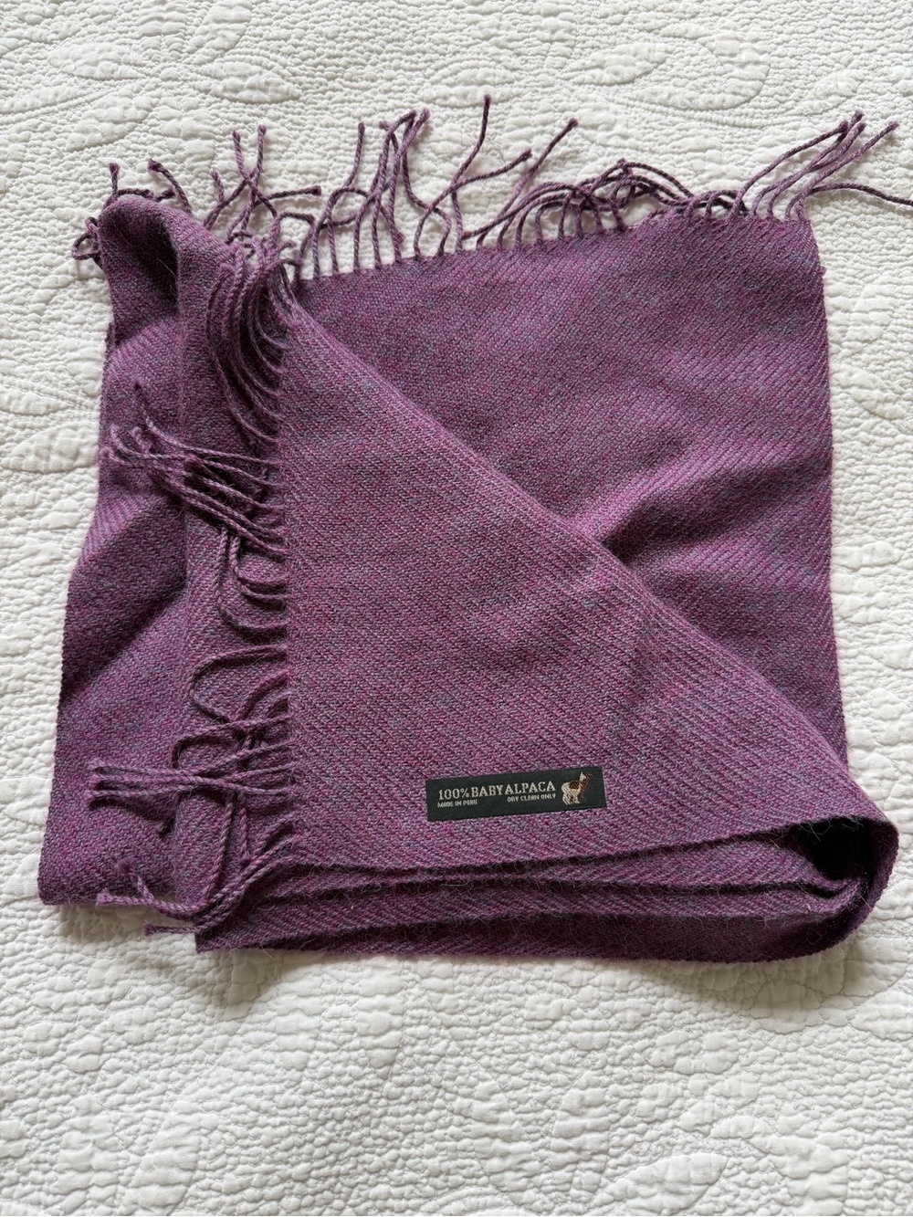 100% Baby Alpaca Wool Knit Scarf Purple Fringe Made In Peru 64"X12" Winter